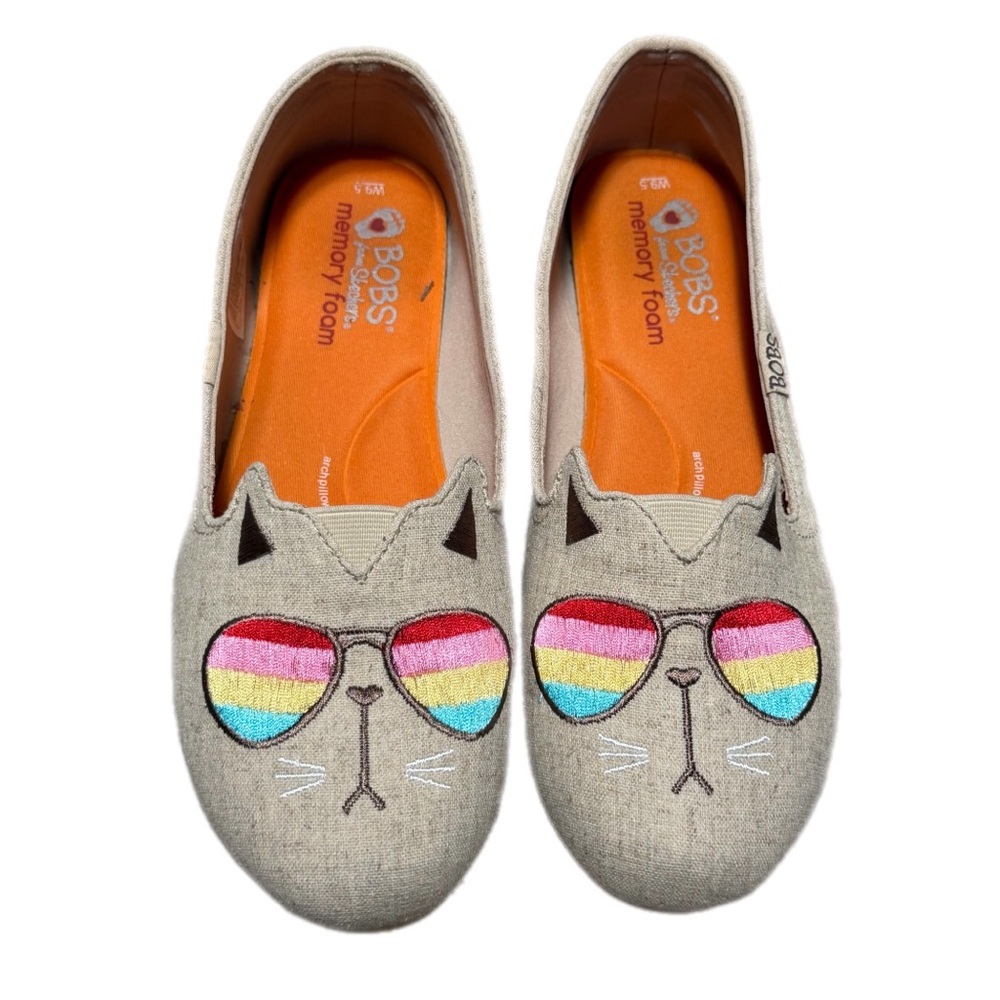 BOBS from Skechers Beige Cat Face Slip-On Flats with Orange Insoles